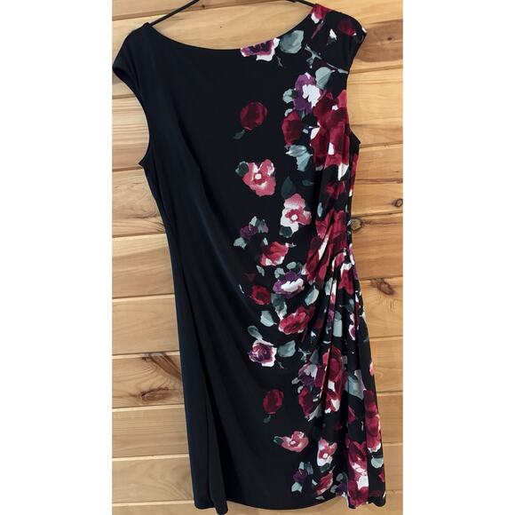 Lauren Ralph Lauren Dress Sz 14 Black Floral Ruching Office Professional - Picture 1 of 5